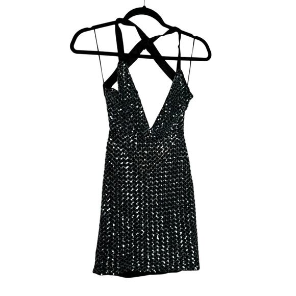 NWT Hello Molly Black & Silver Sequin Open Cross Back Plung Deep V Mini Dress 4 - Picture 1 of 5